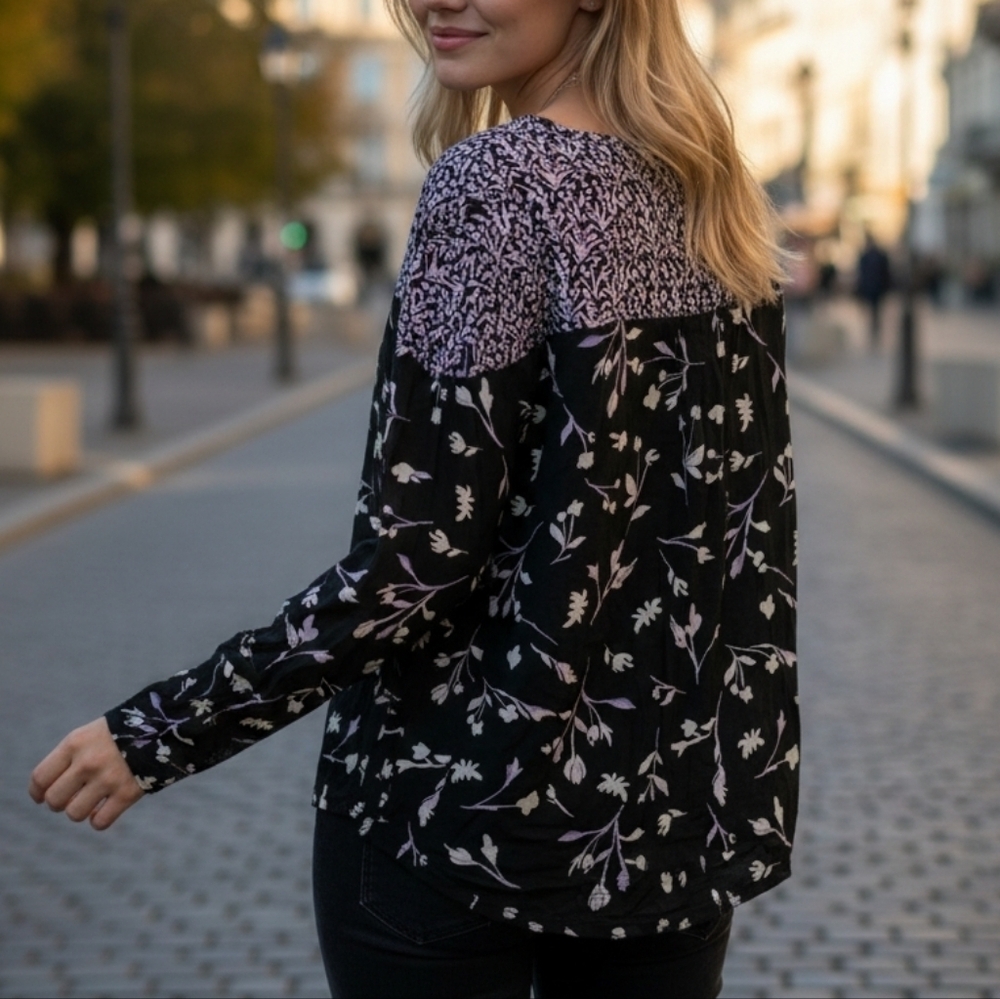 Lucky Brand Black White Floral Blouse Large #BL22 - Picture 2 of 10